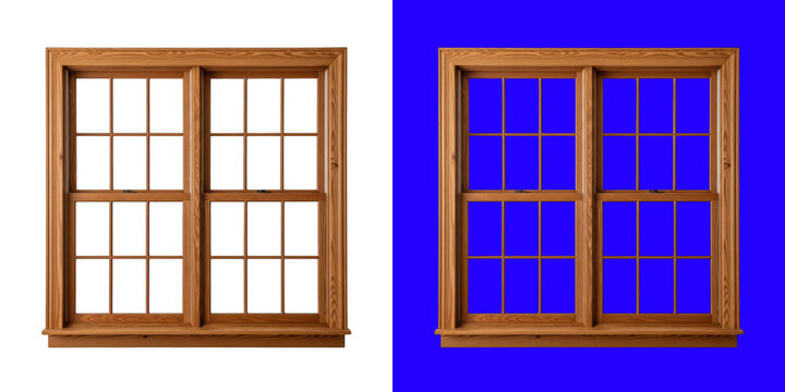 Traditional wooden sliding window frame with clear glass panes for home architecture transparent png