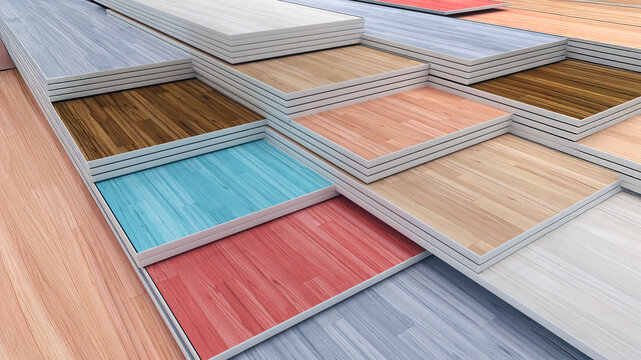 Multi colored parquet flooring boards with various textures stack. 3D illustration