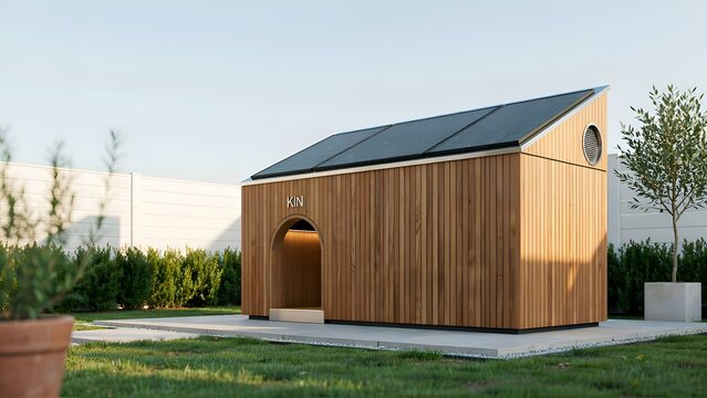 Wooden dog house with solar panels and arched doorway outdoor scene