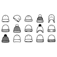 Fototapeta premium Set of winter hats and beanies outline vector illustration for cold weather concepts 