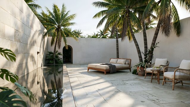 Tropical courtyard with a small pool lounge furniture and palm trees