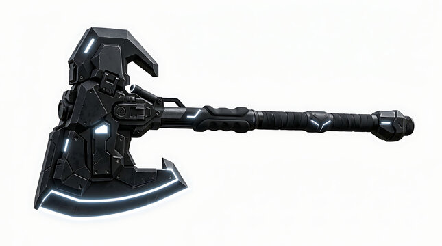Futuristic Black Tactical Battle Axe with Glowing Cyan Neon Accents Isolated on White