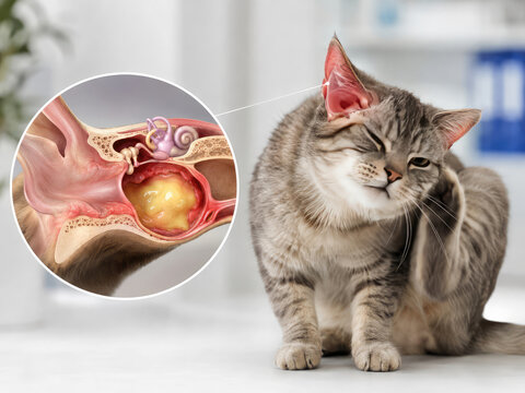 Cat ear infection medical concept, veterinary otitis illustration with feline health examination