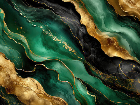 Luxury emerald green and gold abstract marble texture background with fluid organic patterns