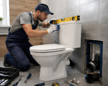 Professional plumber installing toilet in modern bathroom, plumbing repair and home renovation concept