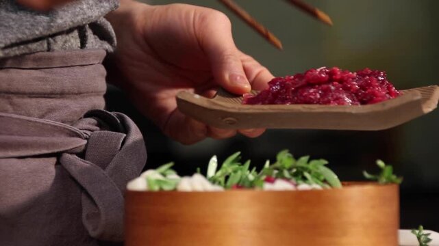 Korea raw beef yukhoe beef tartare seasoned raw beef with lotus root pine nuts sesame oil traditional korean food dish meal cuisine Korea 한국 소고기 육회 생고기 한우 연근 잣 참기름 양념육회 우둔살 한식 식재료 전통음식 대표요리