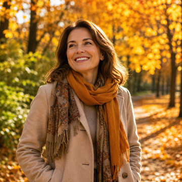 Happy mature woman enjoying autumn walk in park, healthy aging and outdoor wellness concept