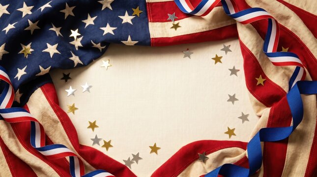 American Flag Fabric Border With Golden Stars On Beige Background For Patriotic Concepts