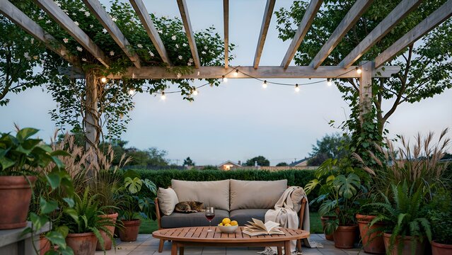 Wooden Pergola With String Lights Over Outdoor Patio Seating Area