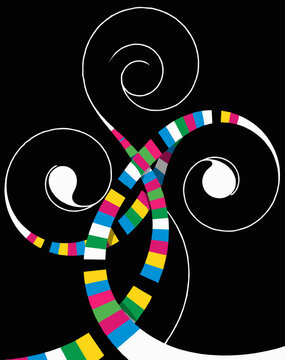 Abstract swirling design with colorful segments on black background