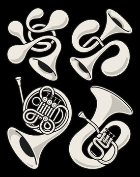 Set of vintage style brass musical instrument vector illustrations
