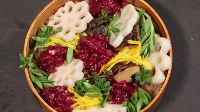 Korea raw beef yukhoe beef tartare seasoned raw beef with lotus root pine nuts sesame oil traditional korean food dish meal cuisine Korea 한국 소고기 육회 생고기 한우 연근 잣 참기름 양념육회 우둔살 한식 식재료 전통음식 대표요리