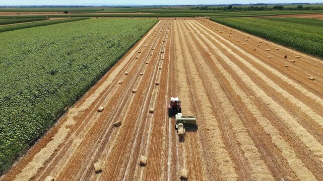Aerial view of a tractor baling hay in a field with rows of straw bales under a clear sky in Jazak, Vojvodina, Serbia.