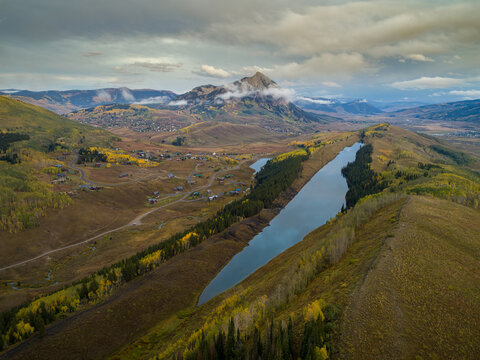 Fall colors surround Long Lake near the town and mountain called Crested Butte in Colorado USA