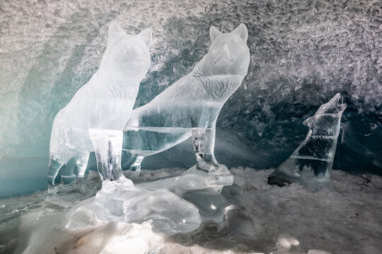 View of ice wolf sculptures inside the ice cave at Matterhorn Glacier Paradise in Zermatt, Wallis, Switzerland.