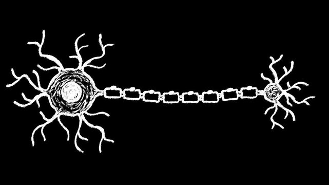 Hand-drawn white chalk Mulipolar neuron cell drawing on alpha