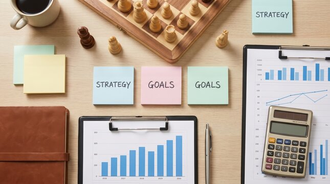 Business Strategy Planning Desk With Graphs, Chess Board, Calculator, And Sticky Notes For Corporate Concepts