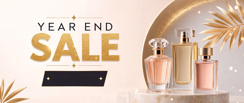 Year end sale perfume store banner with elegant bottles on marble stand, golden sparkles, palm leaves and luxury design