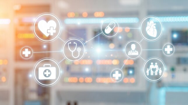 Holographic medical interface with icons connected over blurred hospital background with displays glowing white connected lines connectivity