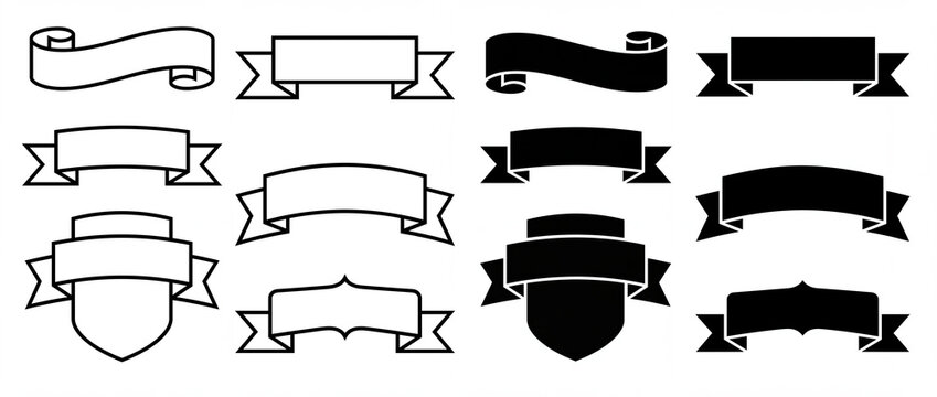 Ribbon banner set with blank scroll labels featuring black line art outlines and solid silhouettes on white background for vintage badges, decorative headers, and crest design