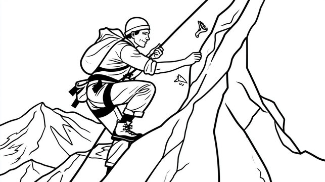 Editable black and white line art coloring page featuring a rock climber, sports activity poster design, with copy space
