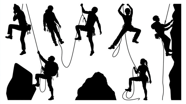 Vector silhouette collection of men and women rock climbing indoors and outdoors, free climbers icon set, with copy space