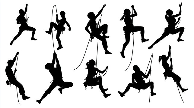 Vector silhouette collection of men and women rock climbing indoors and outdoors, free climbers icon set, with copy space