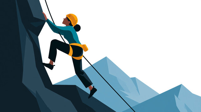Vector illustration of mountain climbing featuring a climber scaling a rock wall or mountainous cliff, extreme sport mountaineer character design isolated on white background,