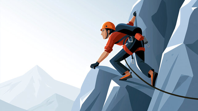 Vector illustration of mountain climbing featuring a climber scaling a rock wall or mountainous cliff, extreme sport mountaineer character design isolated on white background,
