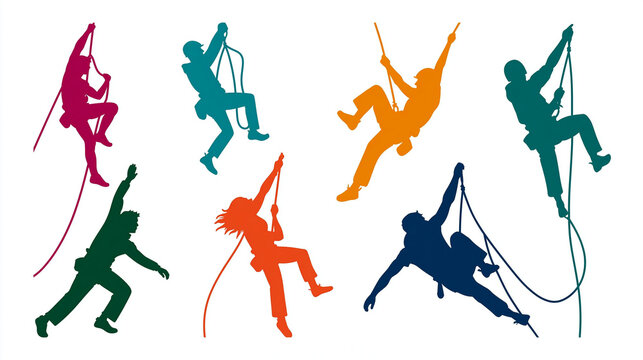 Vector silhouette collection of men and women rock climbing indoors and outdoors, free climbers icon set, with copy space