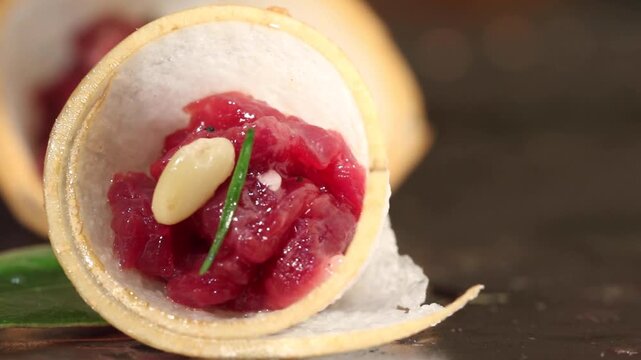 Korea raw beef yuk sashimi Hanwoo sliced beef garnished with pear chives pine nut korean food Korea 한국 한우 소고기 생고기 육사시미 배 부추 잣 고명 한식 식재료 전통음식