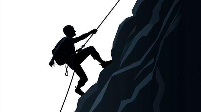 Vector illustration of a male rock climber wearing a helmet and harness scaling a dark cliff with rope and carabiner, isolated on a transparent background, with copy space