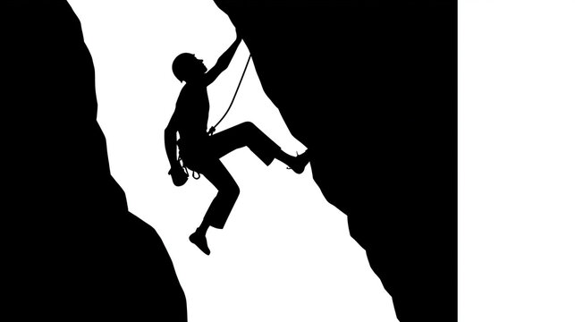 Black and white vector illustration of a rock climber silhouette on a steep cliff, minimalist adventure sport design, with copy space