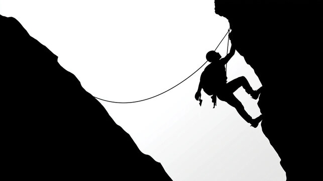 Black and white vector illustration of a rock climber silhouette on a steep cliff, minimalist adventure sport design, with copy space