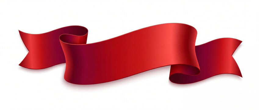 Red ribbon banner with elegant silk curves rendered in glossy ruby red satin, isolated on white for festive holiday sales, award certificates, and promotional web headers