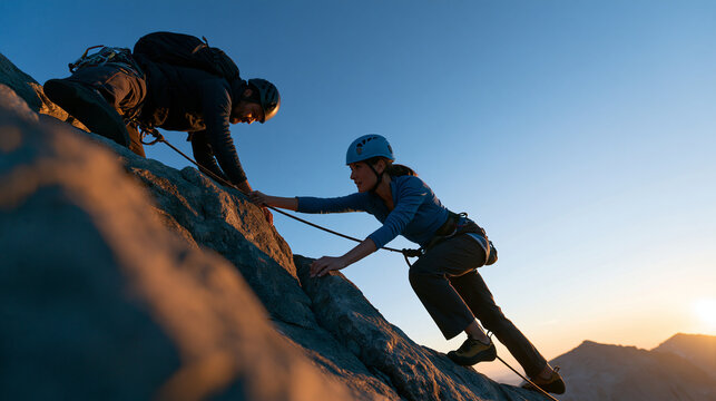 Abstract image of two roped climbers ascending a rock tower together, teamwork and adventure sport concept, with copy space