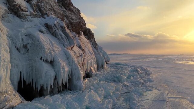 Aerial view of frozen Lake Baikal cliffs with ice formations and sunset light in Khuzhir, Irkutsk Oblast, Russia.