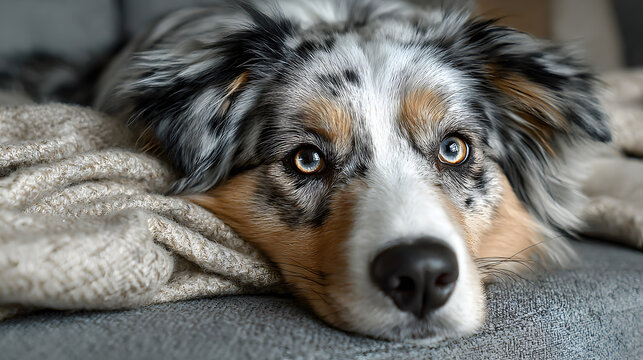 Close up portrait of a sad australian shepherd dog lying down on the floor