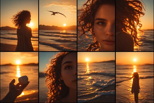 IA generated 3x3 photo collage grid capturing a golden hour sunset session on a beach, featuring close-up portraits of a curly-haired woman, tranquil ocean waves, glowing sun reflections, and sea bird