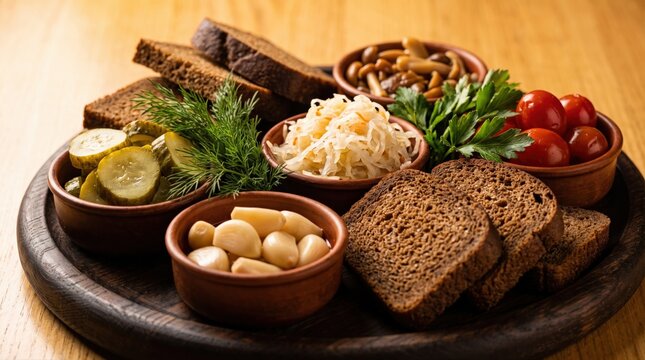 Traditional platter presents a delicious array of fermented and pickled vegetables. Healthy tangy cucumbers, sauerkraut, garlic, and mushrooms are served with dark rye bread.