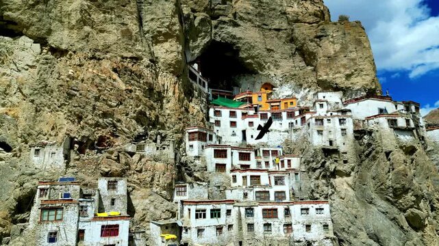Aerial view of Phukthal Gompa monastery built into a steep cliffside with white buildings and rocky mountain terrain in Phugtal, Himachal Pradesh, India.