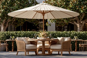 Fototapeta premium Luxury outdoor dining table setting under large umbrella in garden patio