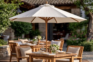 Obraz premium Outdoor restaurant terrace with white parasols and wooden dining tables
