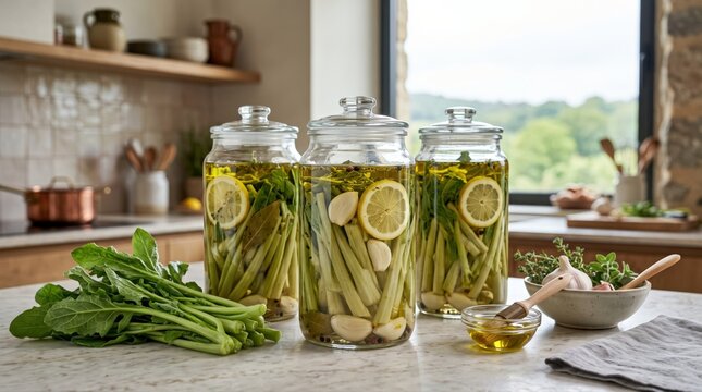 Three jars of blanched greens, olive oil, lemon, and garlic are prepared for preservation on a rustic kitchen counter. This healthy, homemade method uses fresh, natural ingredients.