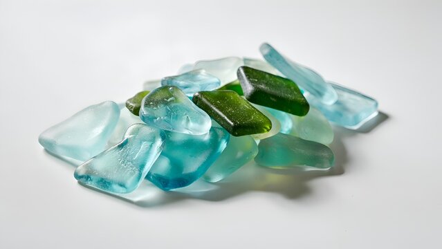 Collection of frosted sea glass pieces on a white surface