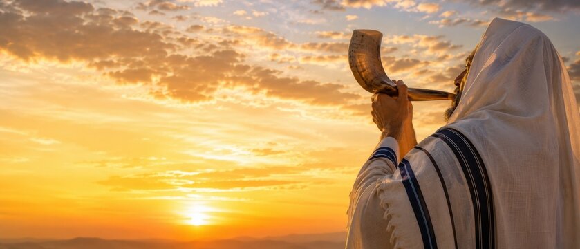 Religious Jewish man wrapped in a tallit blowing the shofar horn against a dramatic sunset sky. Background concept for Rosh Hashanah (Jewish New Year), Yom Kippur and High Holy Days