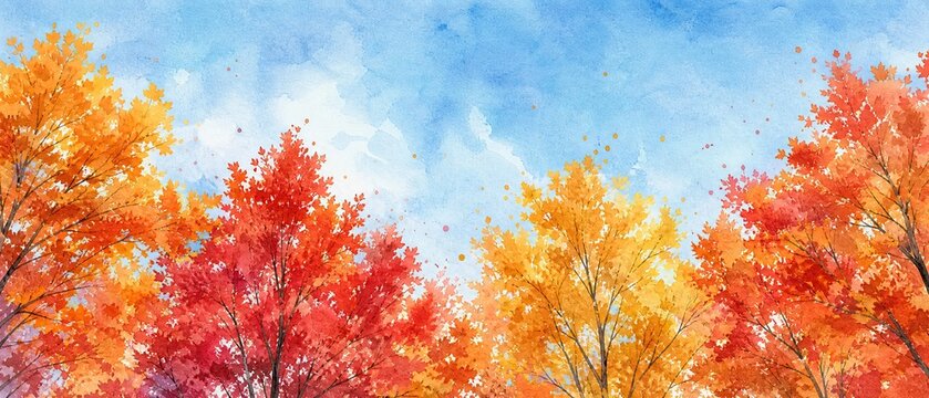 Magnifique paysage d'automne &agrave; l'aquarelle avec des cimes d'arbres aux feuilles rouges, oranges et jaunes &eacute;clatantes sous un ciel bleu nuageux, fond de nature artistique