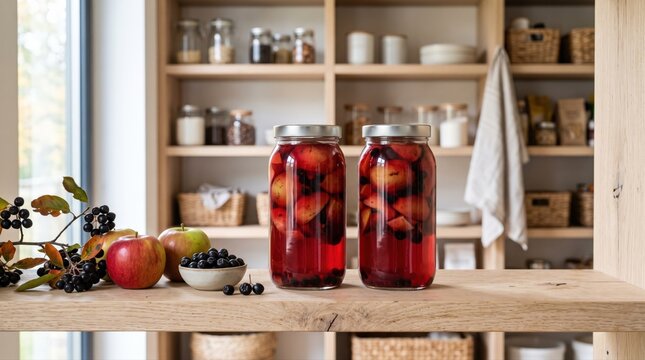 Homemade apple and chokeberry compote is preserved in jars on a rustic wooden counter. This setup reflects a healthy, sustainable lifestyle and natural food preparation.