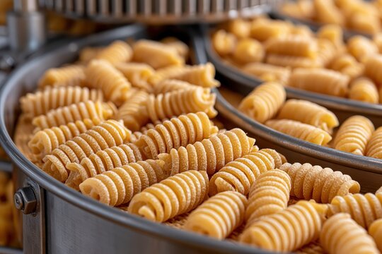 Industrial pasta manufacturing machine producing fresh fusilli conchiglie