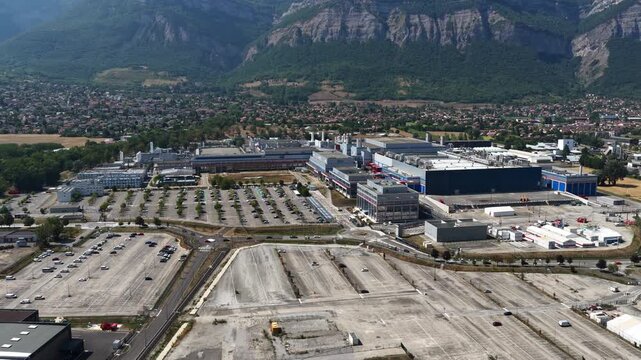 Crolles, France &ndash;  1 August 2026: Aerial panoramic view of the STMicroelectronics semiconductor manufacturing complex, a major European site for microchips, integrated circuits and silicon wafer produ
